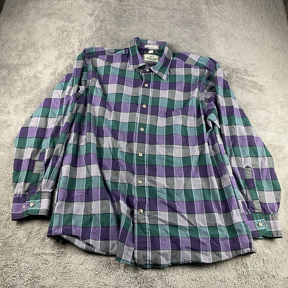 Vintage 417 Van Heusen Button Up Shirt Mens Large Purple Green Plaid Long Sleeve